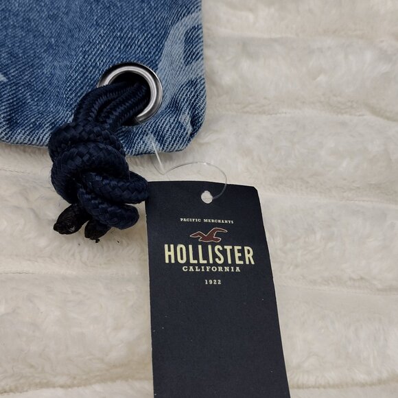 Hollister Denim Drawstring Backpack Cinch Bag Blue Logo Print Y2K - Picture 4 of 7